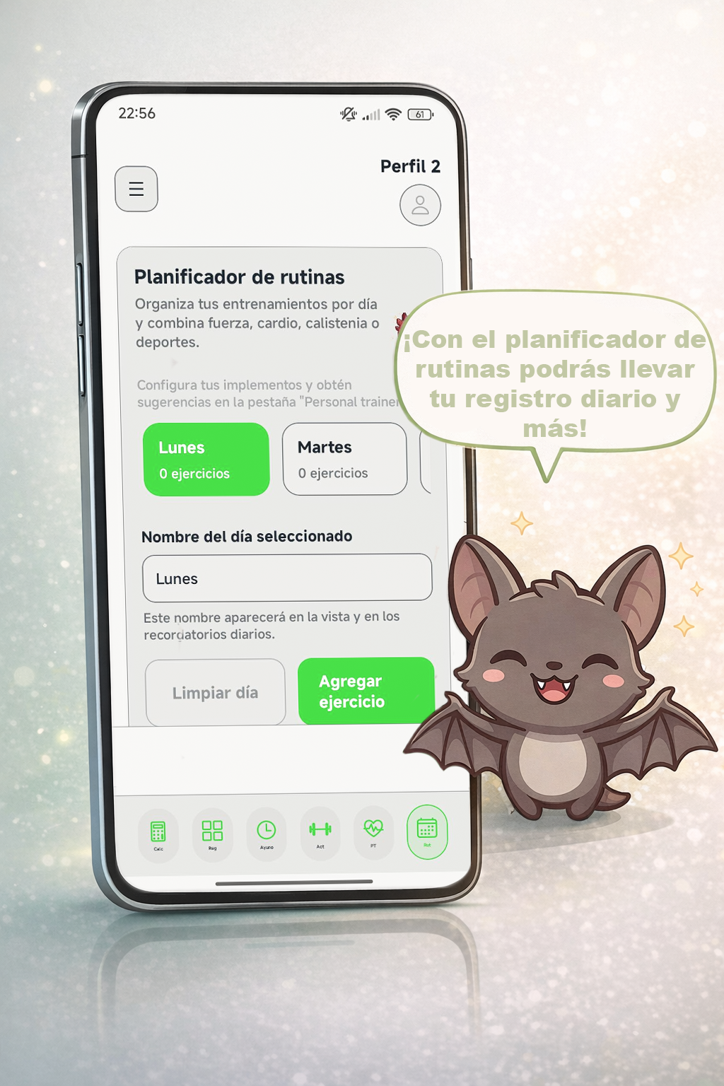 Planificador de rutinas de entrenamiento por dia en NutriLog