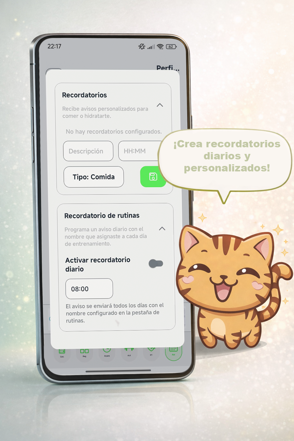 Recordatorios personalizados de comidas, hidratacion y rutinas en NutriLog