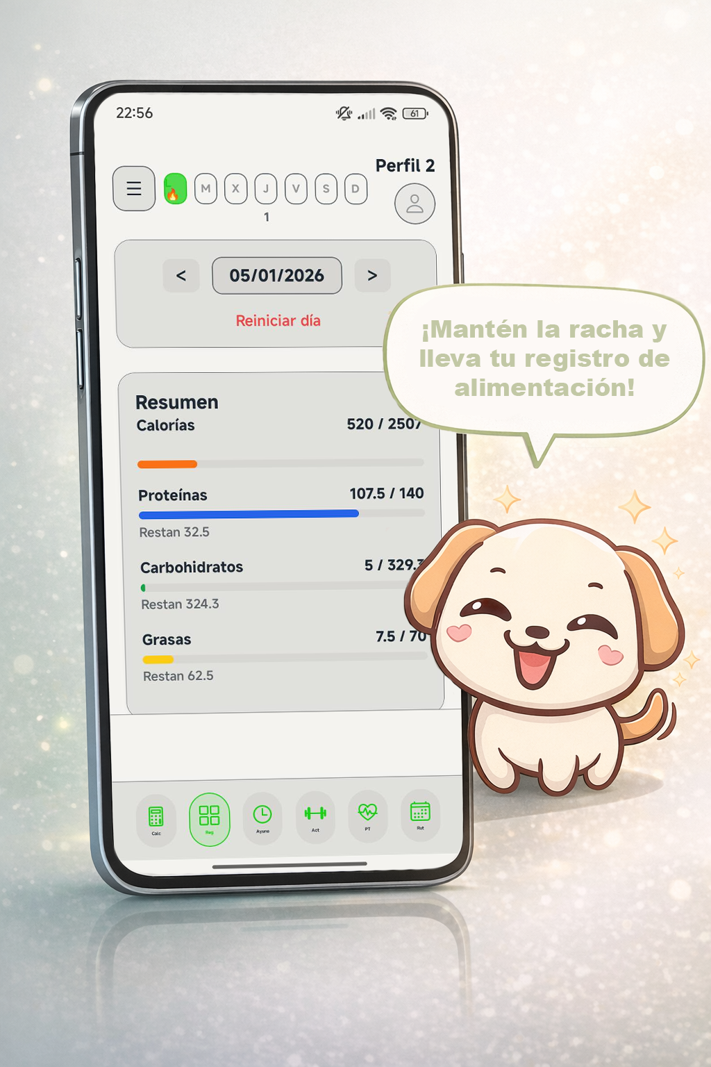 Registro diario de calorias y macronutrientes en la app NutriLog